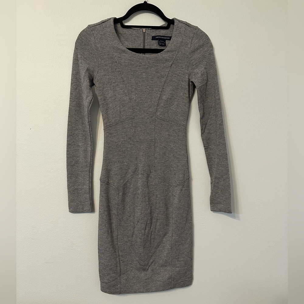 French Connection Gray Long-Sleeve Knit Sheath Dress
